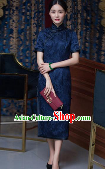 Chinese Traditional Tang Suit Qipao Dress National Costume Navy Silk Cheongsam for Women