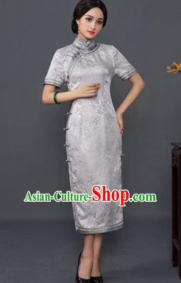 Chinese Traditional Tang Suit Qipao Dress National Costume Grey Silk Cheongsam for Women