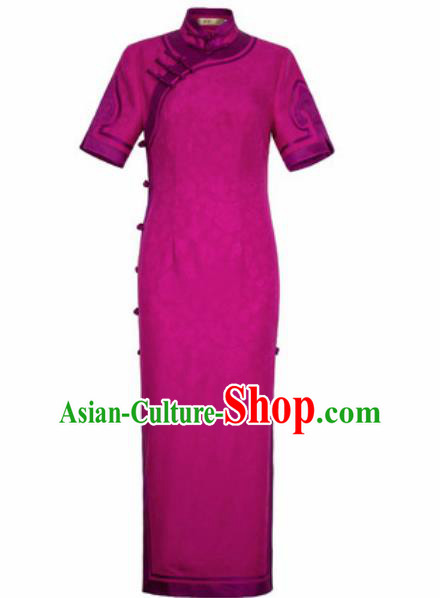 Chinese Traditional Rosy Silk Cheongsam Tang Suit Qipao Dress National Costume for Women