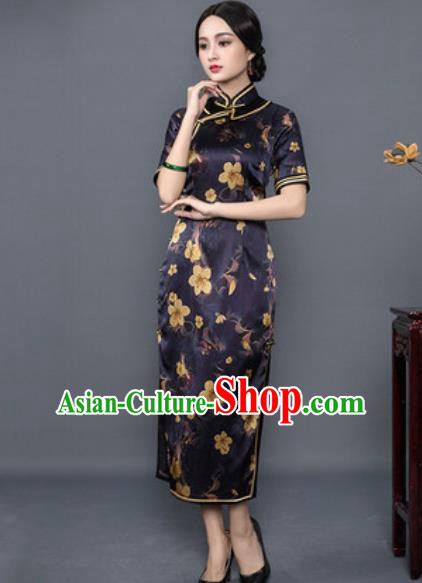 Chinese Traditional Printing Purple Silk Cheongsam Tang Suit Qipao Dress National Costume for Women