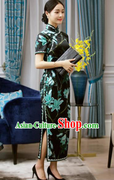 Chinese Traditional Printing Black Silk Cheongsam Tang Suit Qipao Dress National Costume for Women