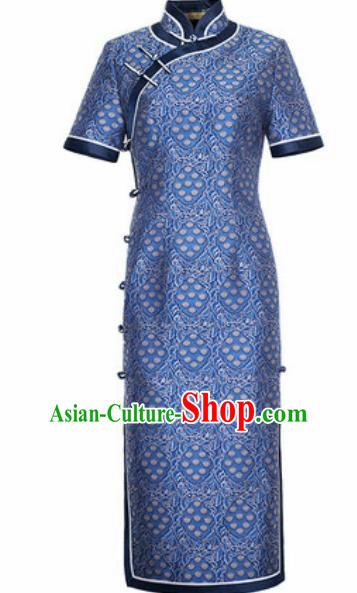 Chinese Traditional Blue Cheongsam Tang Suit Qipao Dress National Costume for Women