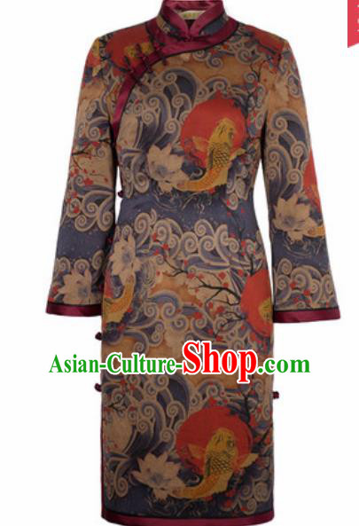 Chinese Traditional Printing Carp Silk Cheongsam Tang Suit Qipao Dress National Costume for Women