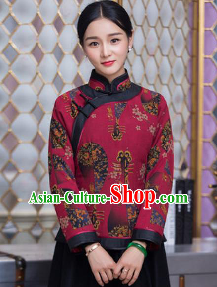 Chinese Traditional Tang Suit Upper Outer Garment Qipao Wine Red Jacket National Costume for Women