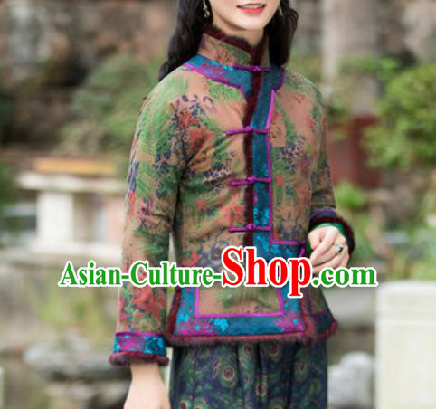 Chinese Traditional Tang Suit Upper Outer Garment Printing Wool Green Jacket National Costume for Women