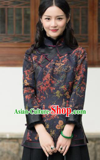 Chinese Traditional Tang Suit Upper Outer Garment Printing Navy Blouse National Costume for Women