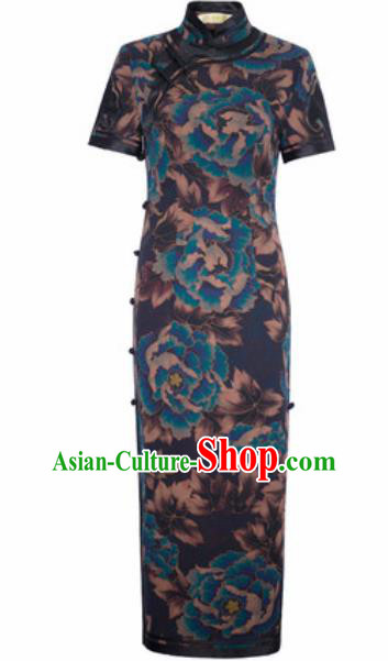 Chinese Traditional Printing Peony Navy Silk Cheongsam Tang Suit Qipao Dress National Costume for Women