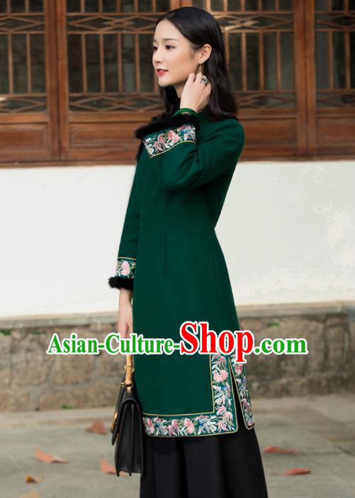 Chinese Traditional Green Woolen Embroidered Cheongsam Tang Suit Qipao Dress National Costume for Women