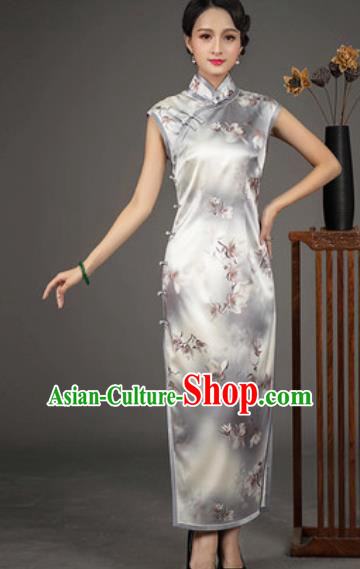 Chinese Traditional Printing Grey Silk Cheongsam Tang Suit Qipao Dress National Costume for Women