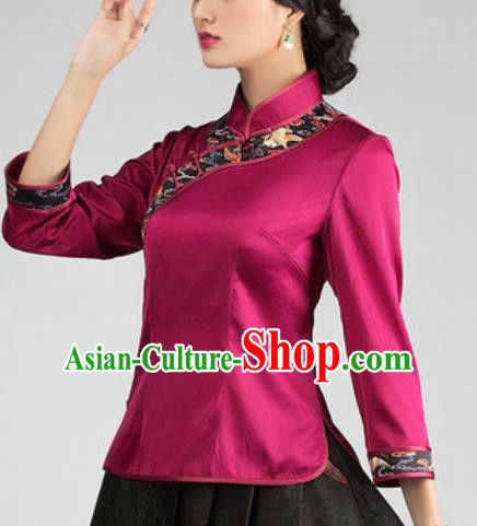 Chinese Traditional Tang Suit Upper Outer Garment Rosy Silk Blouse National Costume for Women