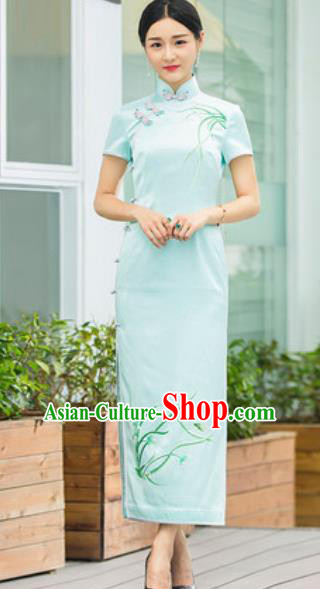 Chinese Traditional Embroidered Orchid Green Cheongsam Tang Suit Qipao Dress National Costume for Women