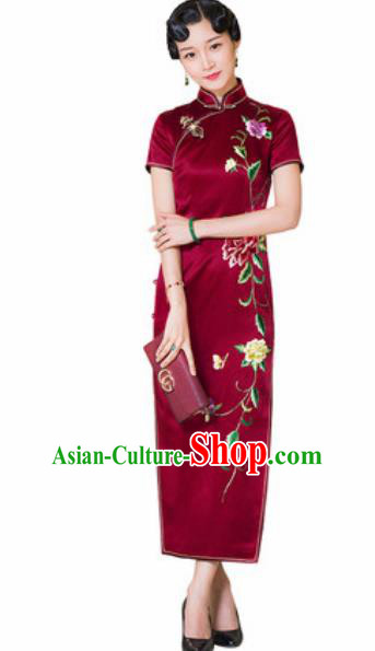 Chinese Traditional Embroidered Peony Wine Red Cheongsam Tang Suit Qipao Dress National Costume for Women