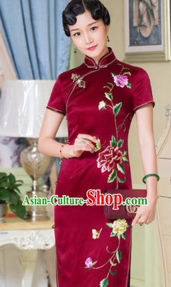 Chinese Traditional Embroidered Peony Wine Red Cheongsam Tang Suit Qipao Dress National Costume for Women