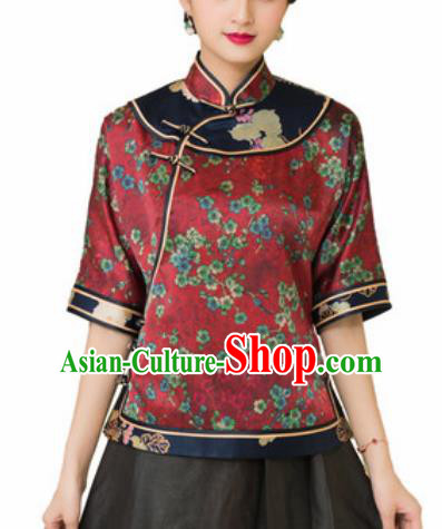 Chinese Traditional Tang Suit Upper Outer Garment Printing Plum Blossom Red Silk Blouse National Costume for Women