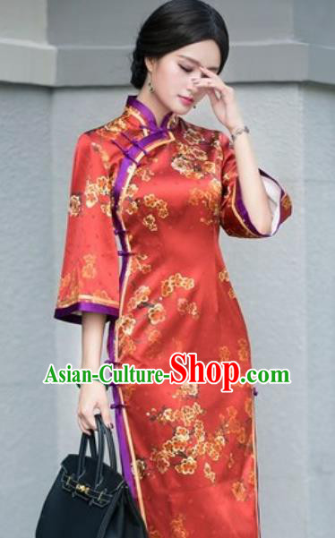 Chinese Traditional Printing Plum Blossom Silk Cheongsam Tang Suit Qipao Dress National Costume for Women