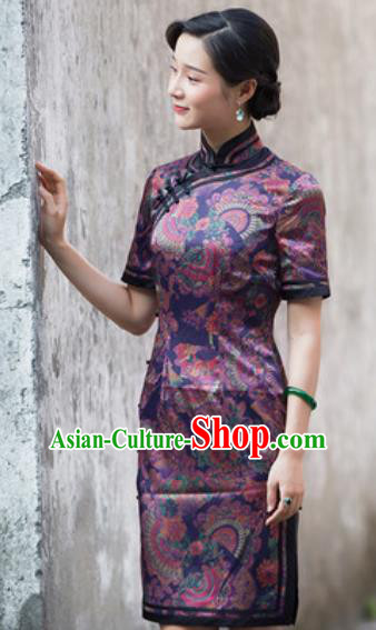 Chinese Traditional Printing Purple Silk Cheongsam Tang Suit Qipao Dress National Costume for Women