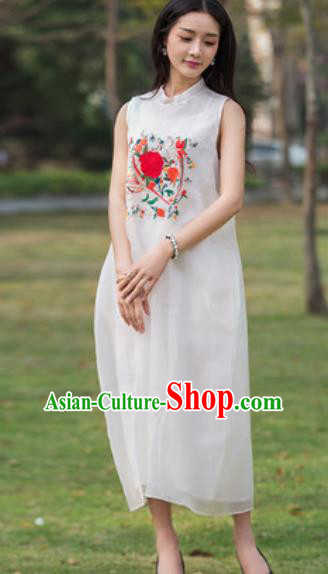 Chinese Traditional Embroidered Peony White Silk Cheongsam Tang Suit Qipao Dress National Costume for Women