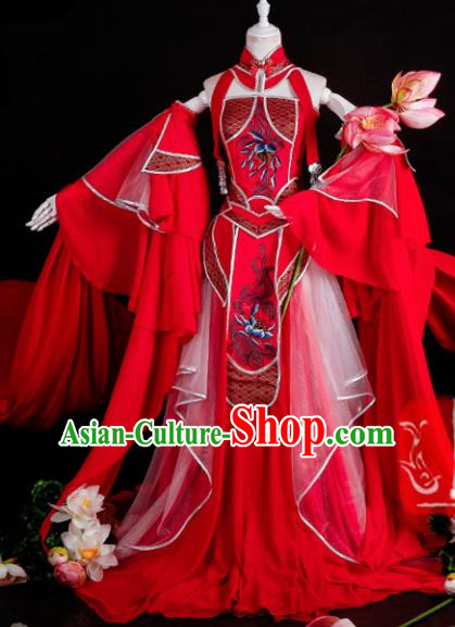 Chinese Traditional Cosplay Peri Goddess Costume Ancient Swordswoman Red Hanfu Dress for Women