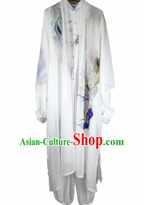 Chinese Traditional Martial Arts Costume Kung Fu Tai Chi Embroidered Phoenix White Clothing for Women