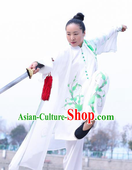 Chinese Traditional Kung Fu Competition Costume Martial Arts Tai Chi Printing Green Leaf Clothing for Women