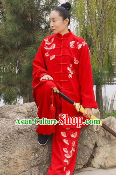 Chinese Traditional Kung Fu Competition Costume Martial Arts Tai Chi Embroidered Ginkgo Leaf Red Clothing for Women