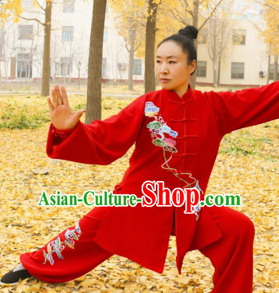 Chinese Traditional Kung Fu Competition Costume Martial Arts Tai Chi Embroidered Cloud Red Clothing for Women
