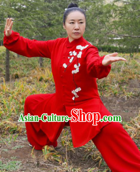 Chinese Traditional Kung Fu Competition Costume Martial Arts Tai Chi Embroidered Plum Blossom Red Clothing for Women