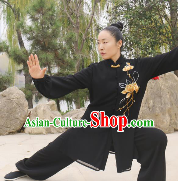 Chinese Traditional Kung Fu Competition Costume Martial Arts Tai Chi Embroidered Lotus Black Clothing for Women