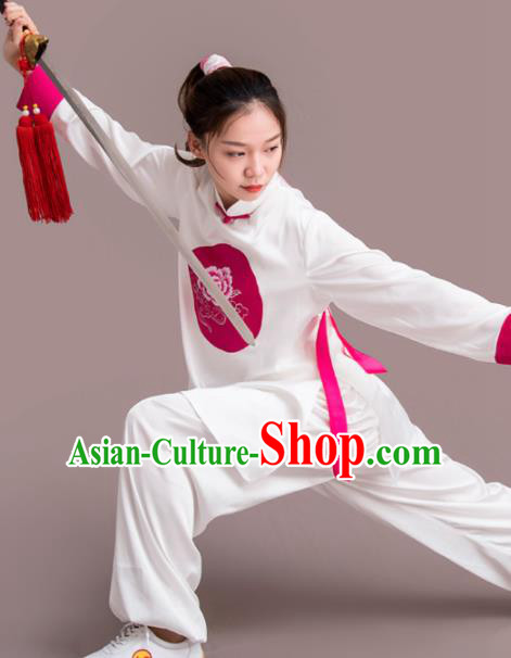Chinese Traditional Kung Fu Competition Embroidered Peony Rosy Costume Martial Arts Tai Chi Clothing for Women