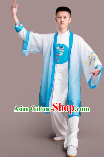 Chinese Traditional Kung Fu Competition Blue Costume Martial Arts Embroidered Clothing for Men