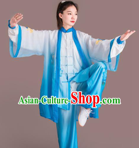 Chinese Traditional Kung Fu Competition Embroidered Lotus Blue Costume Martial Arts Tai Chi Clothing for Women