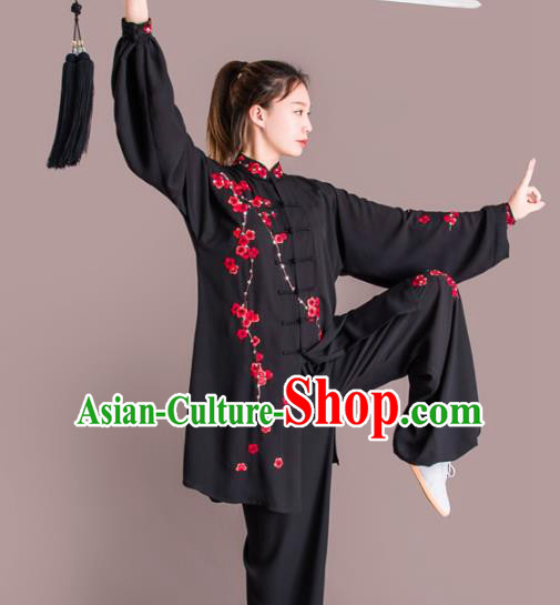 Chinese Traditional Kung Fu Competition Black Costume Martial Arts Tai Chi Embroidered Plum Blossom Clothing for Women