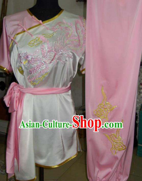 Chinese Traditional Kung Fu Costume Martial Arts Tai Chi Embroidered Dragon Pink Clothing for Women