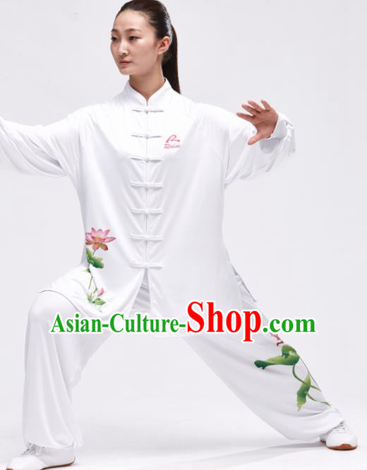 Chinese Traditional Kung Fu Competition Printing Lotus White Costume Martial Arts Tai Chi Clothing for Women