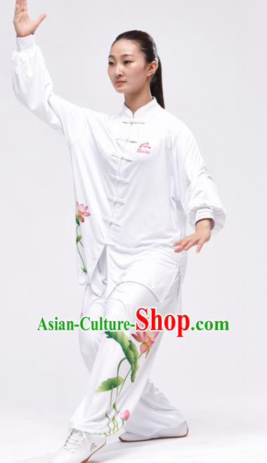 Chinese Traditional Kung Fu Competition Printing Lotus White Costume Martial Arts Tai Chi Clothing for Women
