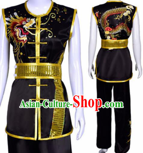 Chinese Traditional Kung Fu Competition Costume Martial Arts Embroidered Dragon Black Clothing for Men