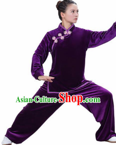 Chinese Traditional Kung Fu Competition Costume Martial Arts Tai Chi Purple Velvet Clothing for Women