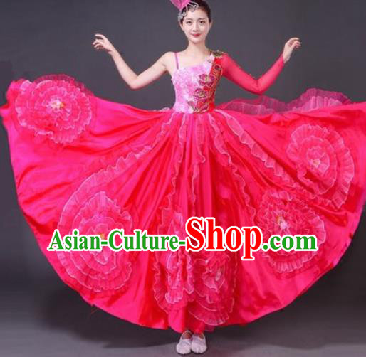 Chinese Traditional Spring Festival Gala Dance Costume Opening Dance Stage Performance Rosy Peony Dress for Women