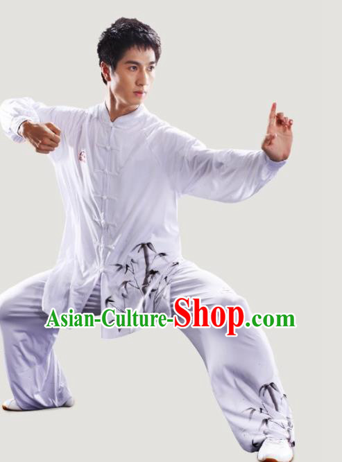 Chinese Traditional Kung Fu Competition Printing Bamboo White Costume Tai Chi Martial Arts Clothing for Men
