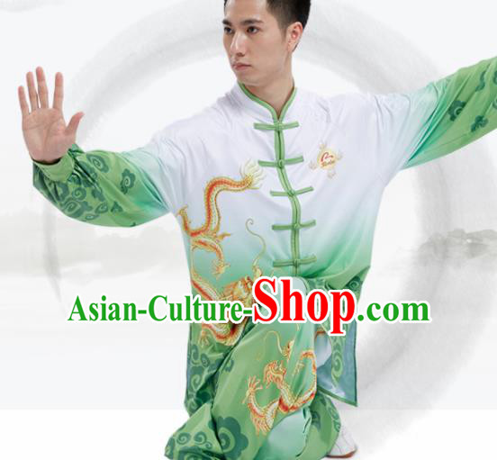 Chinese Traditional Kung Fu Competition Printing Dragon Green Costume Tai Chi Martial Arts Clothing for Men