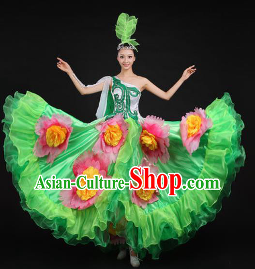 Chinese Traditional Opening Peony Dance Green Dress Spring Festival Gala Stage Performance Costume for Women