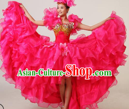 Chinese Traditional Opening Dance Rosy Bubble Dress Spring Festival Gala Stage Performance Costume for Women