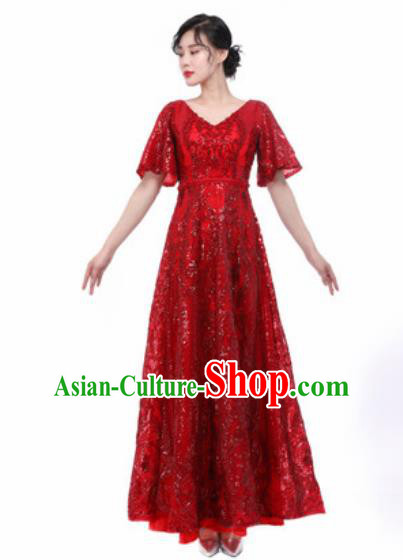 Chinese Traditional Chorus Wine Red Dress Opening Dance Stage Performance Costume for Women