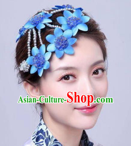 Chinese Traditional Classical Dance Hair Accessories Folk Dance Blue Flowers Hair Stick for Women