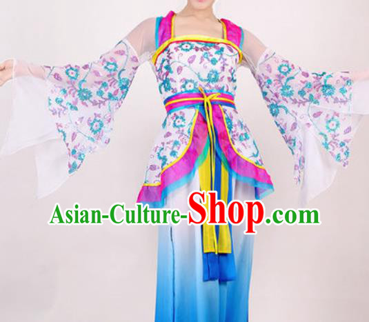 Chinese Traditional Classical Dance Costume Umbrella Dance Stage Performance Blue Dress for Women