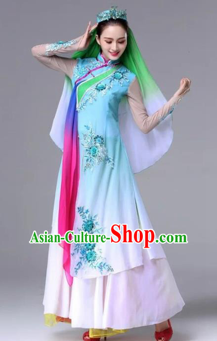 Chinese Traditional Ethnic Dance Costume Hui Nationality Stage Performance Blue Dress for Women