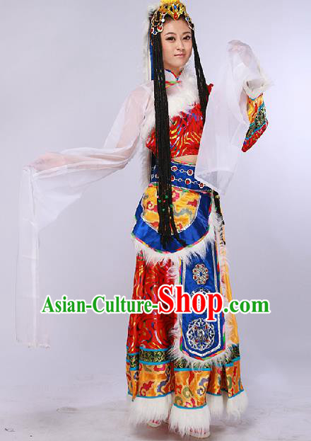 Chinese Traditional Ethnic Dance Costume Zang Nationality Stage Performance Red Dress for Women