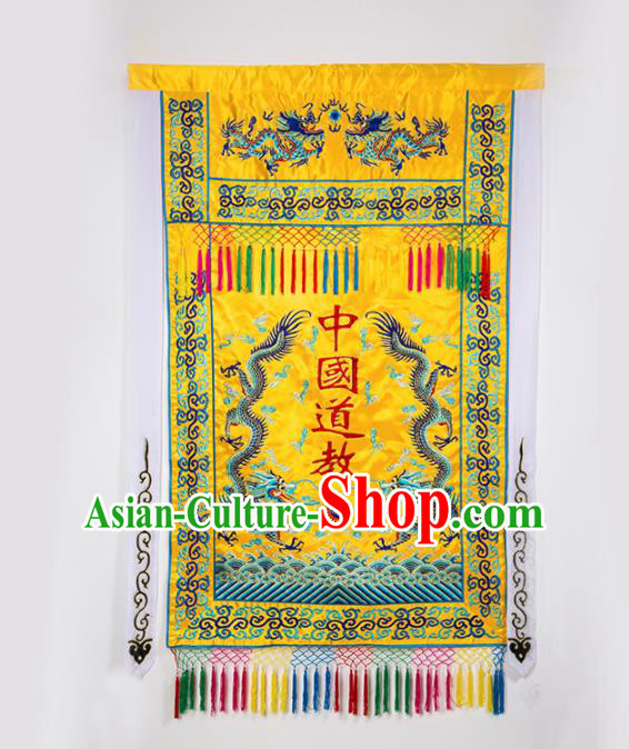 Chinese Traditional Taoism Feng Shui Items National Taoist Embroidered Dragons Golden Flag