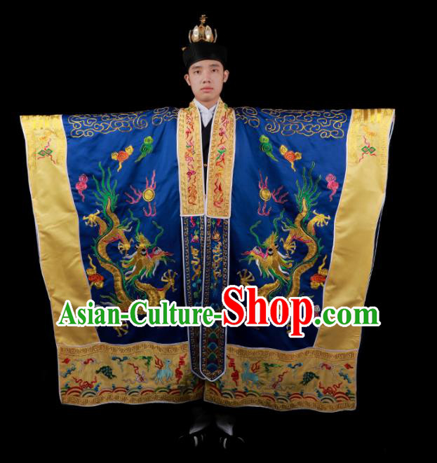 Chinese National Taoist Priest Embroidered Dragons Navy Blue Cassock Traditional Taoism Costume for Men