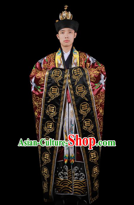 Chinese National Taoist Priest Embroidered Crane Wine Red Cassock Traditional Taoism Rites Costume for Men